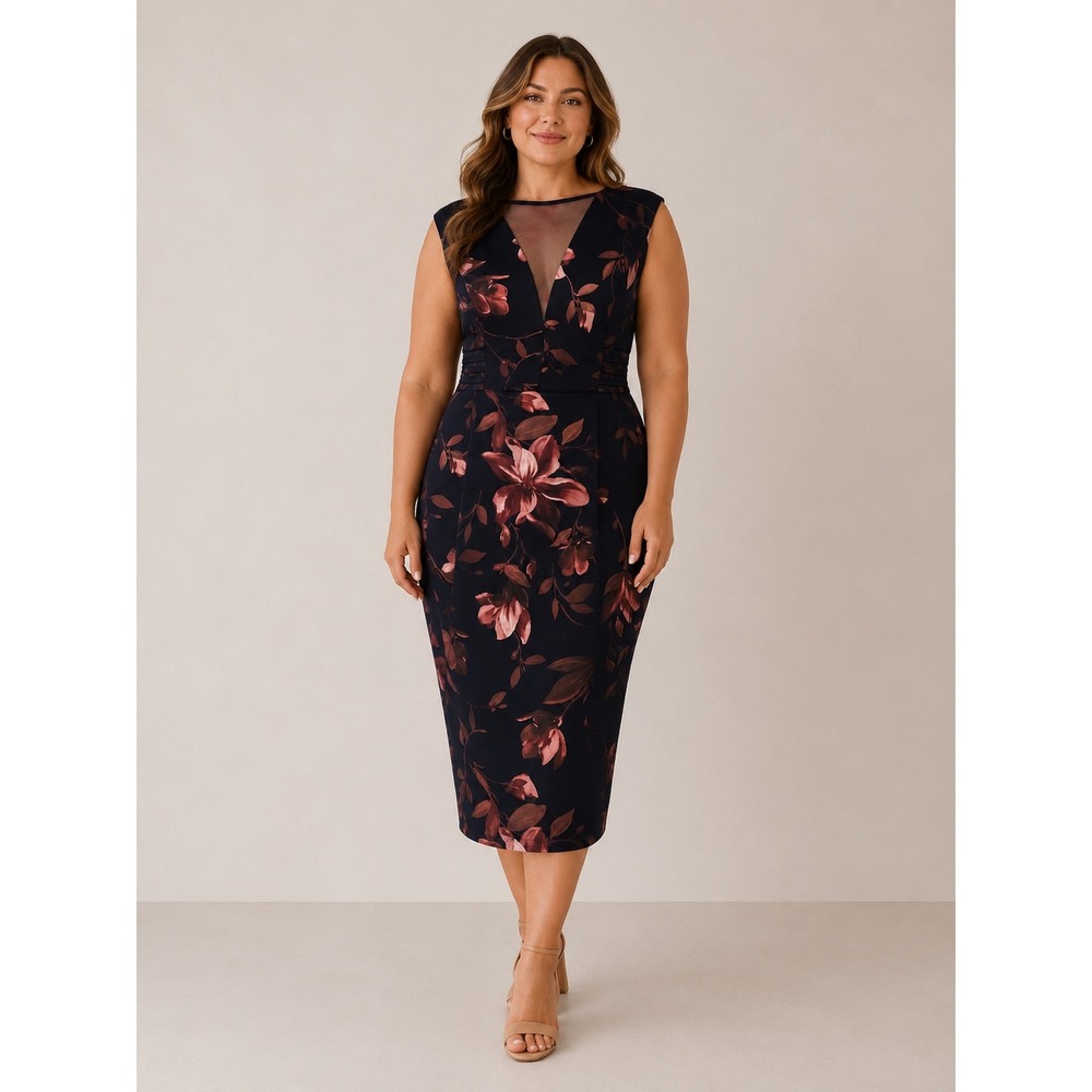 Enfocus Studio‎ Navy Sheath Dress with Pink Floral Print